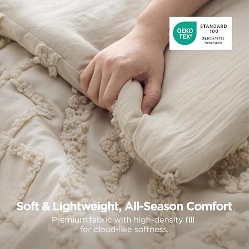 Bedsure Tufted Boho Comforter Set Queen Size - Beige Boho Bed Set, GentleSoft™ 3 Pieces Farmhouse-Style Embroidery Bedding, Gifts for Woman, Soft Jacquard Kids' Queen Comforter for All Seasons thumbnail 3
