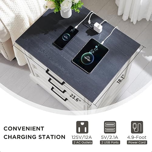 ACCOHOHO Farmhouse Nightstand with Charging Station, 22 Inch Wide End Table with 3 Large Drawers & Bar Handles, Rustic Wood Small Dresser Chest of Drawers for Bedroom, Living Room, Closet, Off White thumbnail 5