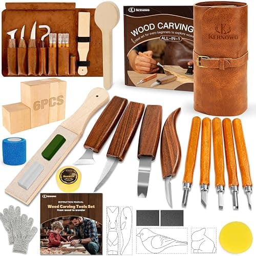 Wood Carving Kit, 32Pcs Wood Carving Tools with Storage Bag, Wood Whittling Knife Kit with 4pcs Templates & 11pcs Wood Carving Knives for Wood DIY Beginners - Image 1