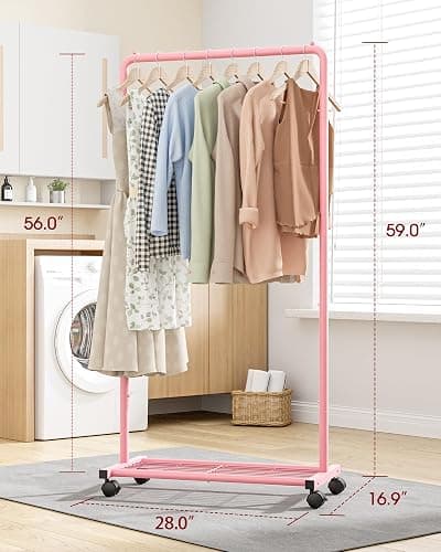Sakugi Clothes Rack - Clothing Rack with Storage Mesh Shelf & Casters, Heavy-Duty Metal Clothing Rack for Hanging Clothes, Dresses, Coats, Large Load Capacity, Easy Assembly, Pink, 28.0"x16.9"x59.0" thumbnail 2