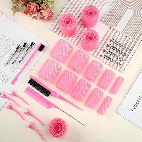 5 Sizes Self Grip Hair Rollers Set, 64 Pcs Rollers Hair Curlers with Clips Comb for Long Medium Short Hair (60 48 40 32 20mm), Pink thumbnail 7