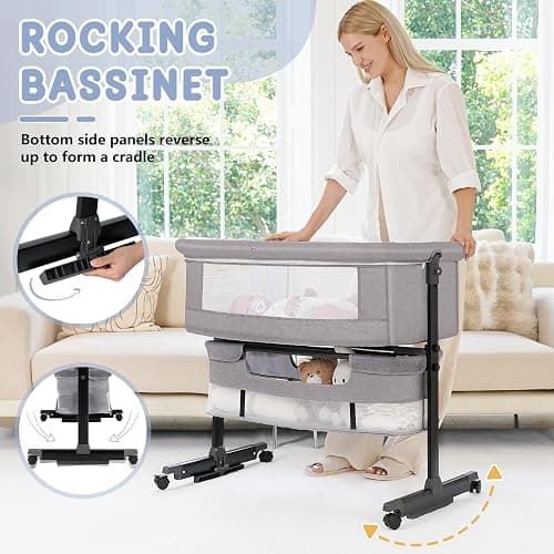 Semphis Baby Bassinet, 3 in 1 Bassinets Bedside Sleeper, Adjustable Height Bedside Sleeper with Rocking Mode, Breathable Mesh, Storage Basket, Wheels, Easy Assemble & Folding (Gray) thumbnail 3