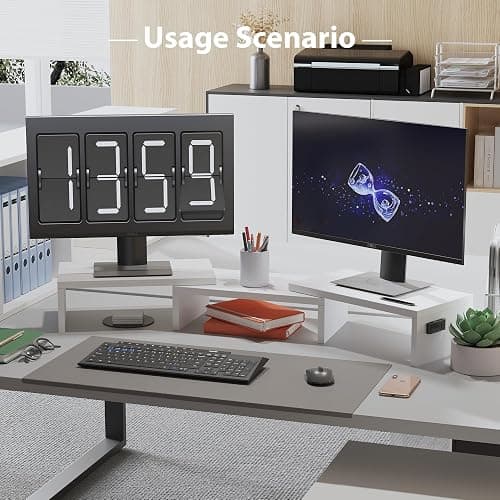 BONTEC Dual Monitor Stand Riser with Smartphone Holder, Adjustable Length & Swivel Angle, Ergonomic Wooden Desktop Organizer for PC Monitor, Laptop, Printer, Large Storage, White thumbnail 8