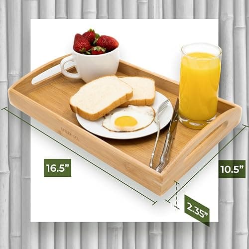 Greenco Rectangle Bamboo Butler Serving Tray with Handles - Bed Trays for Eating - Bed Tray - Breakfast Tray thumbnail 2