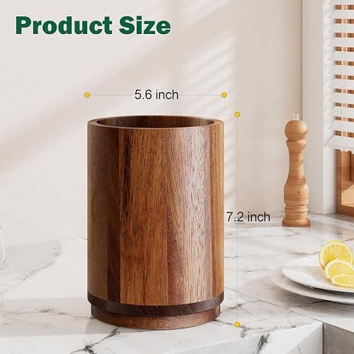 Segtenant Utensil Holder, Acacia Wood Kitchen Utensil Holder for Countertop, 360°Rotating Cooking Utensil Crock for Kitchen Counter, 7.2" Large Utensil Organizer for Spatula thumbnail 3
