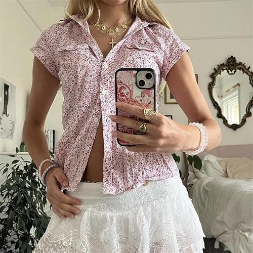 Women Cute Y2k Gingham Printed Tee Vintage Aesthetic Lapel Collar Button Down Babydoll Shirt Fairycore Going Out Top thumbnail 3