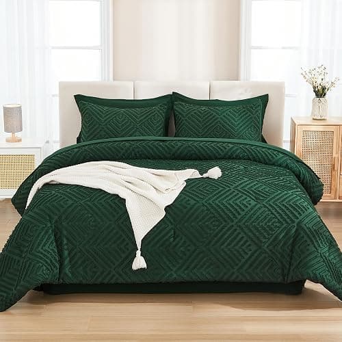 Andency Queen Comforter Set 7 Piece Dark Emerald Green - Bed in a Bag Queen Boho Lightweight Fluffy Tufted Bedding Sets with Comforter, Sheets, Pillowcases & Shams thumbnail 3