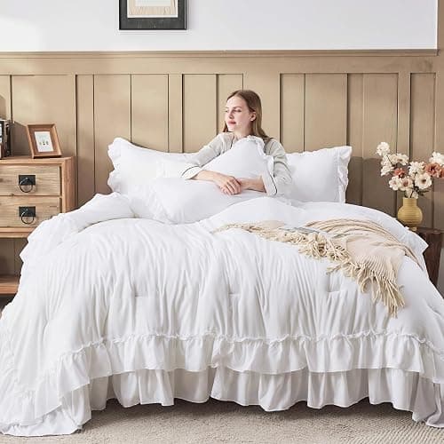 Andency White Comforter Set Queen Size, Lightweight Fluffy Farmhouse White Ruffle Bedding Set, Soft Polyester All Season Shabby Chic Bed Comforter Set 3 Pieces(1 Ruffle Comforter 2 Pillowcases) thumbnail 4
