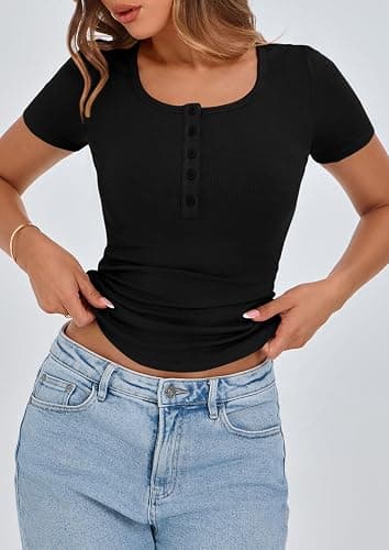 PRETTYGARDEN Women's 2025 Fall Summer Short Sleeve Tops Ribbed Henley Button Slim Fit Basic Casual T Shirts Blouse Clothing thumbnail 5