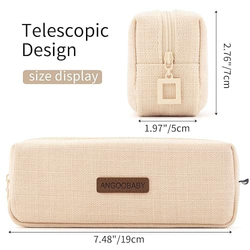 ANGOOBABY Small Pencil Case Student Pencil Pouch Coin Pouch Cosmetic Bag Office Stationery Organizer For Teen School-Beige thumbnail 3