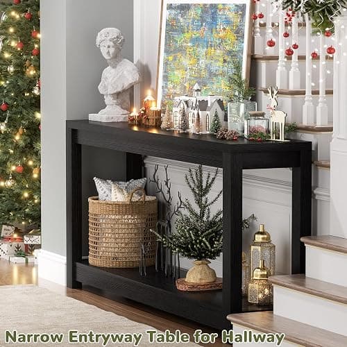 Besiost 47" Farmhouse Wood Entryway Table Narrow Console Table with Storage Behind Couch Sofa Table with Shelves for Entry Way with Open Storage, Easy Assembly, Embossed Wood Grain Black thumbnail 4