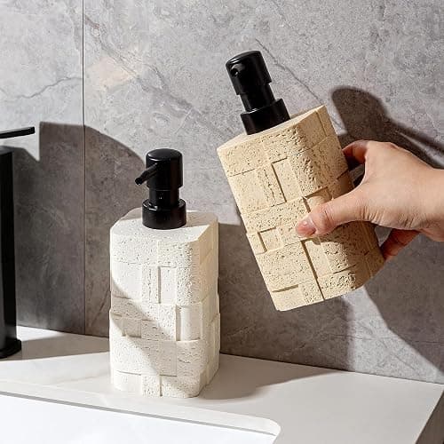 Haocoott Soap Dispensers 400mL 13.5 OZ, 2 PCS Luxurious Hand Dish Lotion Shampoo Soap Dispenser Jar, Travertine Stone Look Soap Pump Bottles for Kitchen Bathroom Countertop (White) thumbnail 7
