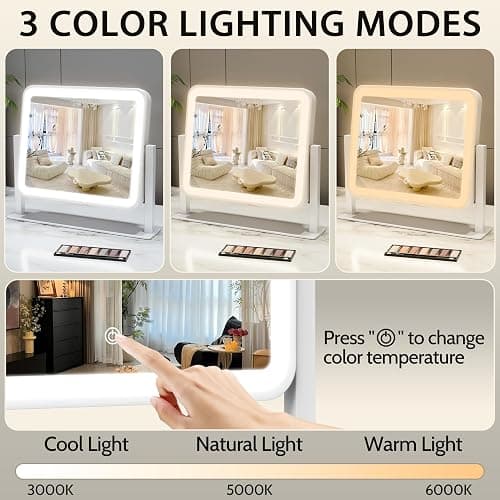 ROLOVE 14"x12"Vanity Mirror, Lighted Makeup Mirror for Vanity Desk, Smart Touch Control, 360° Rotation, 3-Color Modes, Gifts for Women, Bedroom, White thumbnail 4