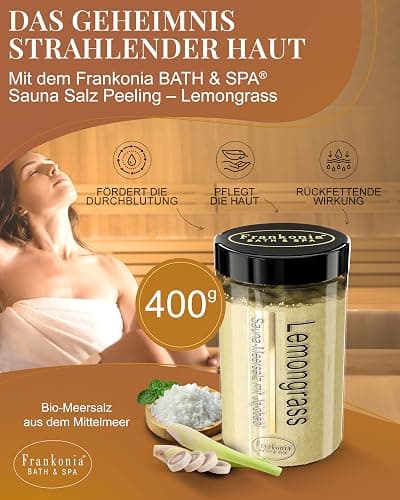 Frankonia BATH & SPA Sauna Salz Peeling Lemongrass – 400 g Meersalz-Körperpeeling mit Jojobaöl & Vitamin E – Dusch- & Body Scrub für alle Hauttypen – Vegan & ohne Parabene – ohne Microplastik thumbnail 2