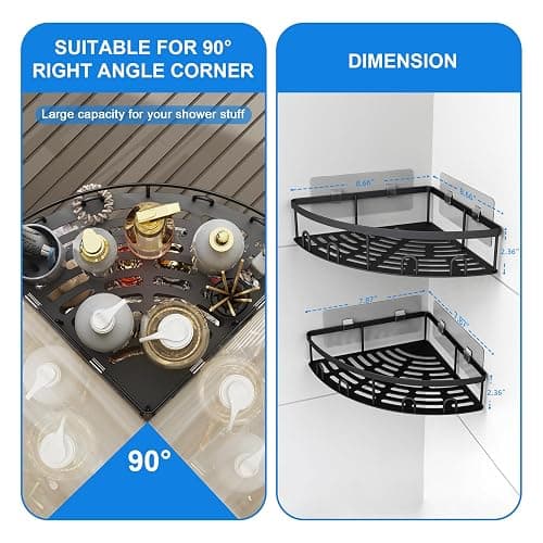 Kerisgo Corner Shower Caddy, 2 Pack Adhesive Bathroom Shower Corner Organizer Shelf, No Drilling Rustproof Wall Mounted Shower Storage Rack Shampoo Holder Organizer (Black) thumbnail 7
