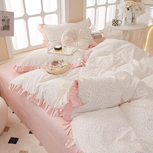 Pink Floral Duvet Cover Full 100% Cotton Ruffle Duvet Cover Girls Princess Lace Bedding Set Botanical Flower Comforter Cover with Zipper Closure Vintage Country Bedding Cottagecore Duvet Cover Set thumbnail 6