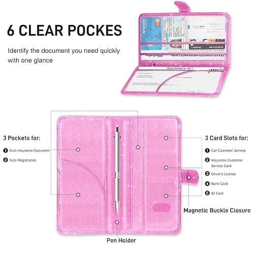 Weishenghuo Car Registration and Insurance Card Holder, Car Document Holder for Cards, Driver Vehicle License Document Glove Box Compartment Organizer, Car Essentials - Glitter Pink-2 thumbnail 3