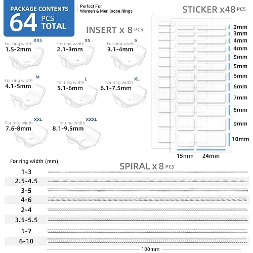 Ring Sizer Adjuster for Loose Rings, 64-Piece Set with 3 Types (Spiral Coils, Ring Guards, Sizing Strips) Fits Ring Widths 1-10mm, Invisible Resizing Solution for Women & Men thumbnail 3