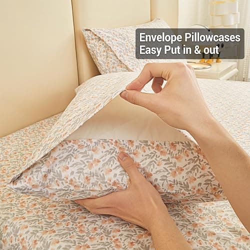 Viviland Floral Queen Sheet Set - 4 Piece Vintage Light Orange Flower Patterned Bed Sheets - Soft, Breathable Microfiber Sheets with Deep Pocket, Non-Slip Fitted Sheets & Pillowcases thumbnail 5