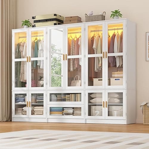6 Doors Armoire Wardrobe Closet with LED and Mirror,71" H Freestanding Wooden Wardrobe Closet Cabinet for Bedroom w 2 Drawers,Wooden Clothing Storage Cabinet w Hanging Rod,Closets for Bedroom(White)