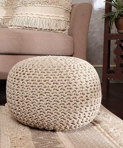 REDEARTH Round Pouf Ottoman - Cable Knitted Boho Poof - Home Décor Cord Pouffe Handmade Circular Footrest for Living Room - Bedroom - Kids Bedroom - 100% Cotton Pouf (18" x 18" x 14") - Ivory thumbnail 8