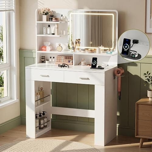 BonVache Dressing Table with LED Mirror, Vanity Desk with 3 Lighting Colours Mirror and Power Strip, Makeup Table Storage Set for Bedroom with 2 Drawers, 9 Open Shelves and Hair Dryer Holder, White - Image 1