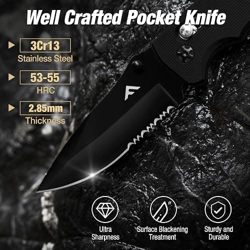 FLISSA Folding Pocket Knife with Clip, Glass Breaker and Seatbelt Cutter, Survival Knife for Emergency Rescue Situations, EDC Knife for Tactical, Hunting, Camping, Outdoor, Unique Gifts for Dad, Father-Black thumbnail 5