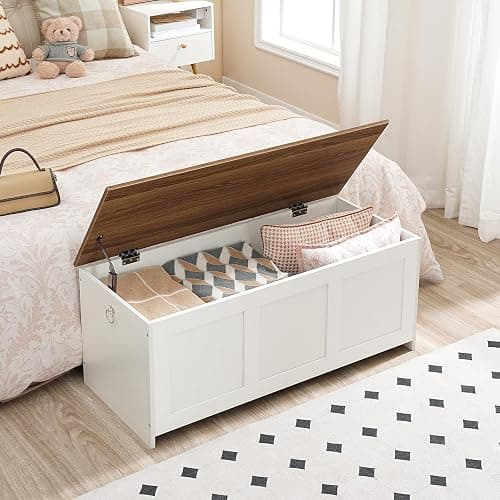 HOOBRO Storage Bench, 39.3" Retro Wooden Storage Chest, Wooden Storage Trunk, Toy Chest with Lift Top, Multifunctional Entryway Organizer, for Entryway, Living Room, White and Walnut WH141CW01 thumbnail 2