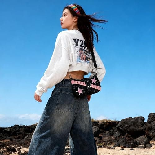 MJFSGYO Cute Y2k Purse for Women, Star Embroidery Pattern with Chain Strap Shoulder Bag, Goth Style Cute Mini Purse thumbnail 3