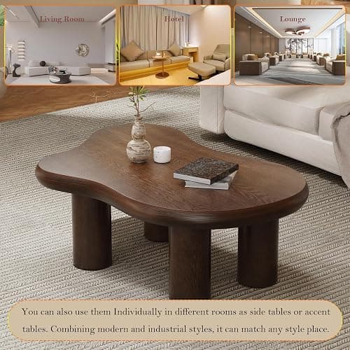 Asymmetric Cloud-shape Coffee Table (C Brown 46in) | Stylish Irregular Home Decor Center Table with Sturdy & Stable Cylindrical Support Legs thumbnail 8
