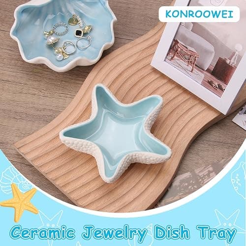 Jewelry Dish Tray For Coastal Beach Room Decor,Cute Ceramic Ring Holder Gift For Women Sister Mom Friend ,Decorative Trinket Jewelry Organizer Tray For Rings Earrings Necklaces ets (Blue starfish) thumbnail 3