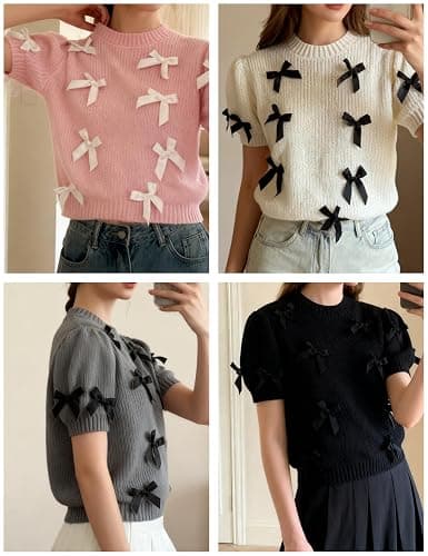 Vimida Women's Sweaters Knitted Crewneck Puff Bubble Short Sleeve Pullover Tops Casual Bow T Shirts Chic Blouses thumbnail 7