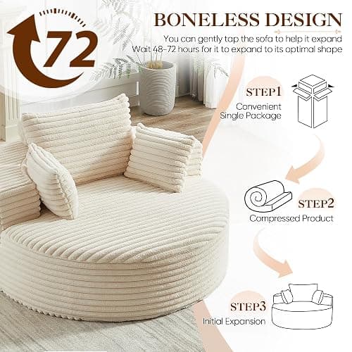 Oversized Round Chaise Longue Chair Indoor, Modern 55-inch Upholstered Corduroy Deep Seat Circle Single Cloud Lounge Floor Sofa Chair for Living Room, Bedroom Apartment, Beige thumbnail 6