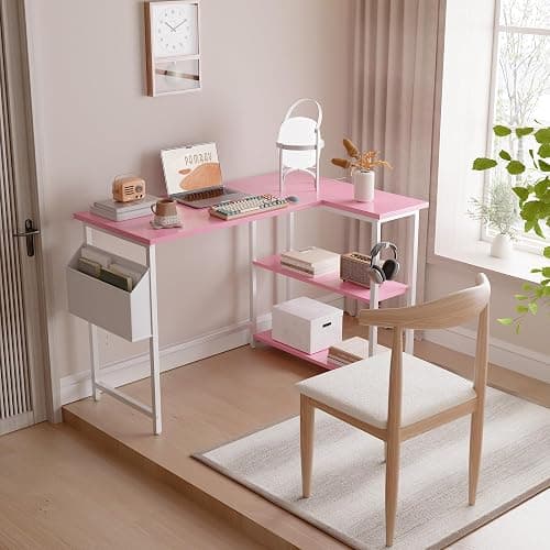 Pamray 40 Inch L Shaped Computer Desk with Reversible Side Storage Shelves, Small Corner Desk for Small Space Home Office, Writing Study Table PC Desk for Bedroom, Pink thumbnail 2