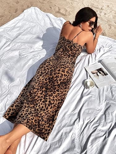 Floerns Women's Leopard Print Draped Collar Spaghetti Strap Cami Long Dress thumbnail 3
