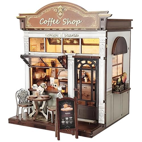 DIY Miniature House Kit, Coffee Shop Book Nook Kit, Mini Building Kit, Dollhouse Kit for Adults and Teens, 3D Wooden Puzzles with LED Light, Craft Kit for Family and Friends(Retro Coffee Shop) - Image 1