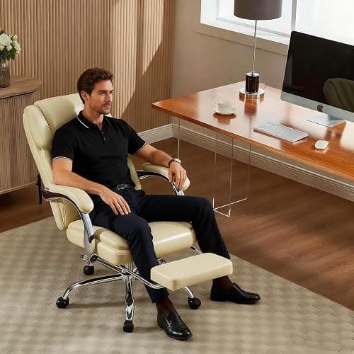 4 Points Massage Office Chair with Footrest 500lbs,Reclining Executive Desk Chair with Vibration Heat for Heavy People,Lumbar Support PU Leather,Adjustable Height Ergonomic (Beige) - Image 1
