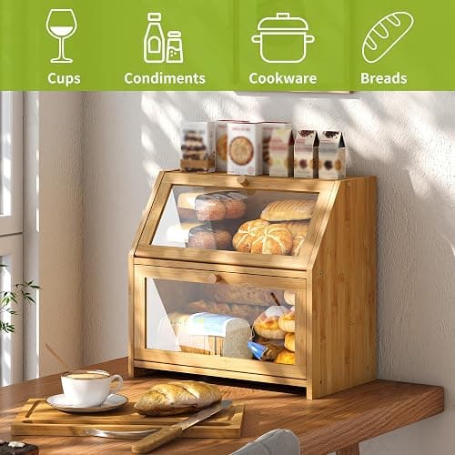 BMOSU Bread Box with Cutting Board Kitchen Bread Storage Organizer Farmhouse Countertop Double Bamboo Wood Bread Box(Natural) thumbnail 7