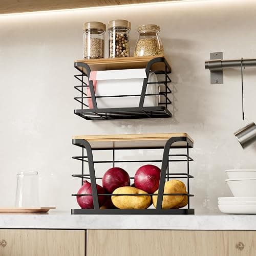 TIDIIABODE 2 Pack Stackable Storage Laundry Kitchen Organizers, Wall Mount Trash Bag Holder with Bamboo Top and Garbage Bag Dispenser No Drill thumbnail 7