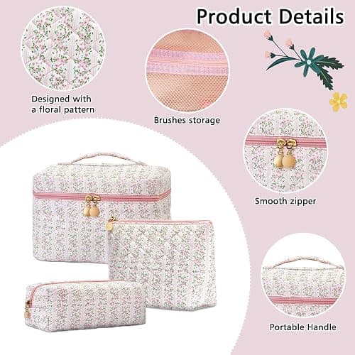 Teiniuby 3Pcs Quilted Pink Floral Makeup Bag Cosmetic Bag for Women Teen Girls,Cute Flowers Make Up Bags,Aesthetic Large Cotton Cosmetic Pouch,Flower Coquette Travel Toiletry Organizer Storage Bag thumbnail 4