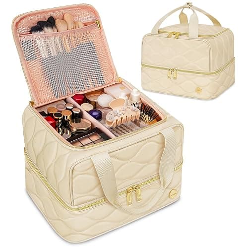 YOREPEK Large Makeup Bag Organizer, 2-Layer Travel Cosmetic Bags with Compartments for Women, Portable Makeup Cases for Skincare Bottles, Brushes, Lipstick – Cosmetiquera para Maquillaje, Beige thumbnail 9