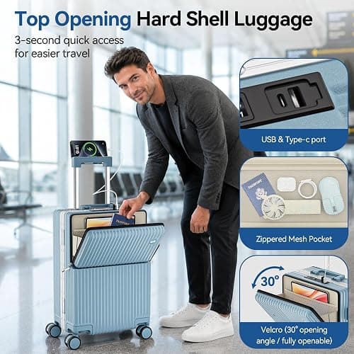 Carry On Luggage Front Pocket,Aluminum Frame Hardside Suitcase,GrayBlue | Zipperless Suitcase,22x14x9 Airline Approved,Cup and Phone Holder,USB Charger,Spinner Wheels,TSA Lock,Business Weekend Trips thumbnail 2
