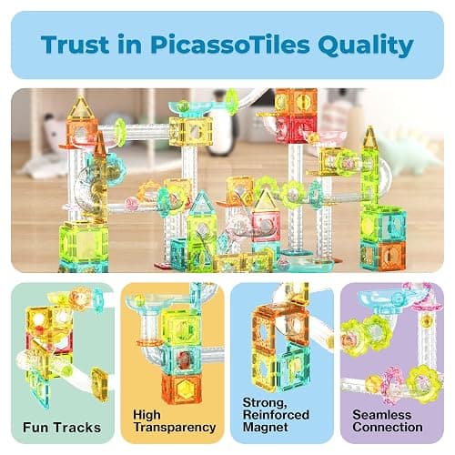 PicassoTiles 60 pc Magnet Tiles Building Block Travel Size Magnetic Marble Run Construction Toy Set Mini Diamond Marble RaceTrack Building Blocks Playset Education STEM Learning Kit Boy Girl 3+ PTMG60 thumbnail 8