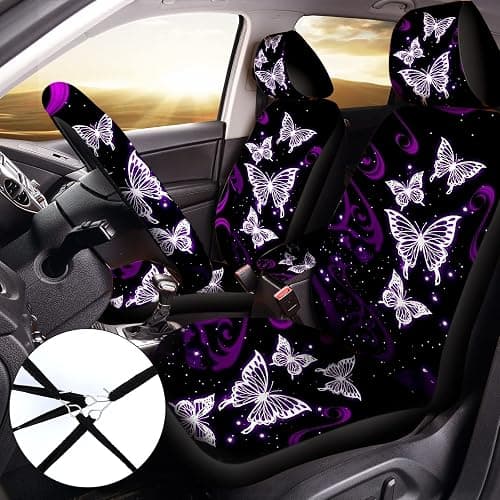 Tallew Butterfly Seat Full Set for Women Butterfly Universal Car Accessories Rubber Steering Wheel Cover License Plate Frame Mirror Covers 26 Pcs Fit Car SUV Auto(Purple Style) thumbnail 3