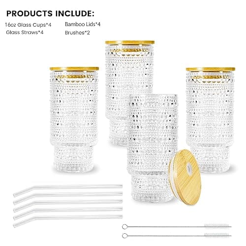 Icesip 4 Pcs 16 oz Glasses Cups Set with Bamboo Lids Straws Brush Hobnail Glassware Set for Juice Iced Coffee Beer and Cocktail Whiskey thumbnail 6