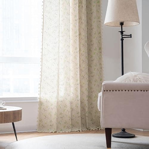 ENJOYBRIDAL Floral Living Room Curtains 84 Inches Long Doorway Vintage Semi Sheer Drapes Farmhouse Nursery Bohemian Window Curtain Panels with Tassel Beige Rod Pocket Bedroom Drapes, 1 Panel thumbnail 2