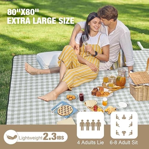 Picnic Blankets Outdoor Extra Large - 80"x80" Portable Waterproof Picnic Blanket, Machine Washable 3-Layer Foldable Park Mat with Sandproof Backing for Grass, Hiking, Travel, Concerts, Indoor (Green) thumbnail 3