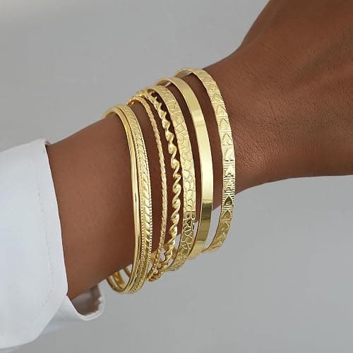 FAXHION Gold Bangle Bracelets for Women, 14 Pcs Multi Layer Stackable Bangle Set, 14K Gold Plated Textured Chunky Bracelets Boho Jewelrys Set thumbnail 9