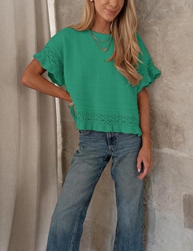 Yeokou Womens Short Sleeve Sweater Round Neck Ruffled Hem Knit Crochet Pullover Summer Fall Casual Top Blouse thumbnail 5