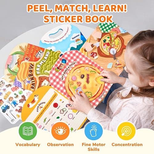 JoyCat Reusable Sticker Book Set (3-Pack): Farm, Pizza-Making, Weather - 90 Pcs Stickers for Toddlers, Kids Sticker Activity Book, Road Trip Travel Toys, Birthday Gifts for Boys and Girls thumbnail 8